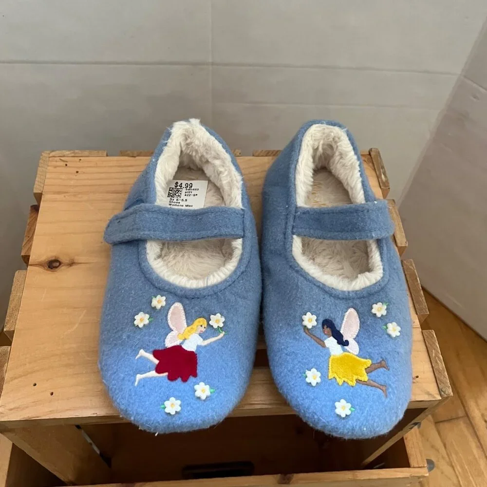 Mini Boden Girls Size 5 Blue Felt Fairy Design Faux Fur Lined Mary Jane Slippers